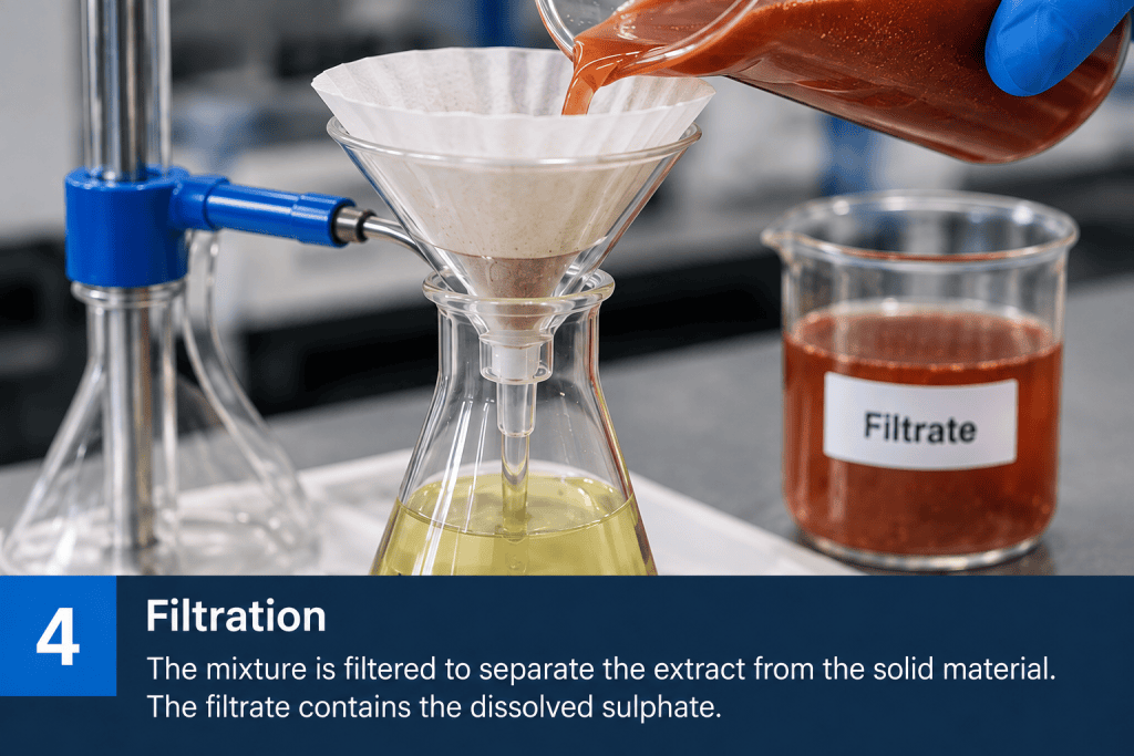 Red ash filtration in Staffordshire. The mixture is filtered to separate the extract from the solid material. The filtrate contains the dissolved sulphate.