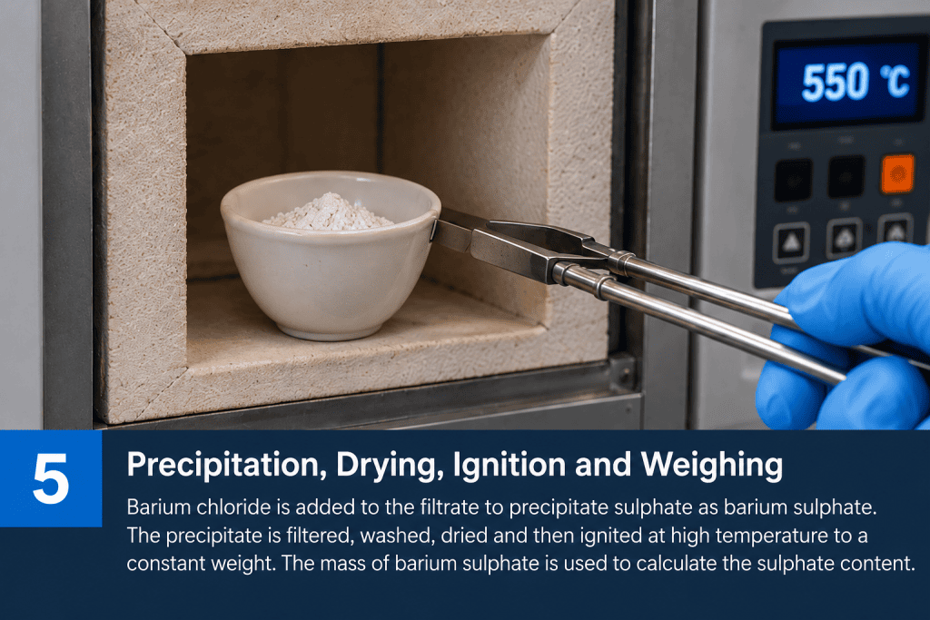 Red ash Precipitation, Drying, Ignition and Weighing - Castle Property Services Stoke on Trent. Barium chloride is added to the filtrate to precipitate sulphate as barium sulphate.