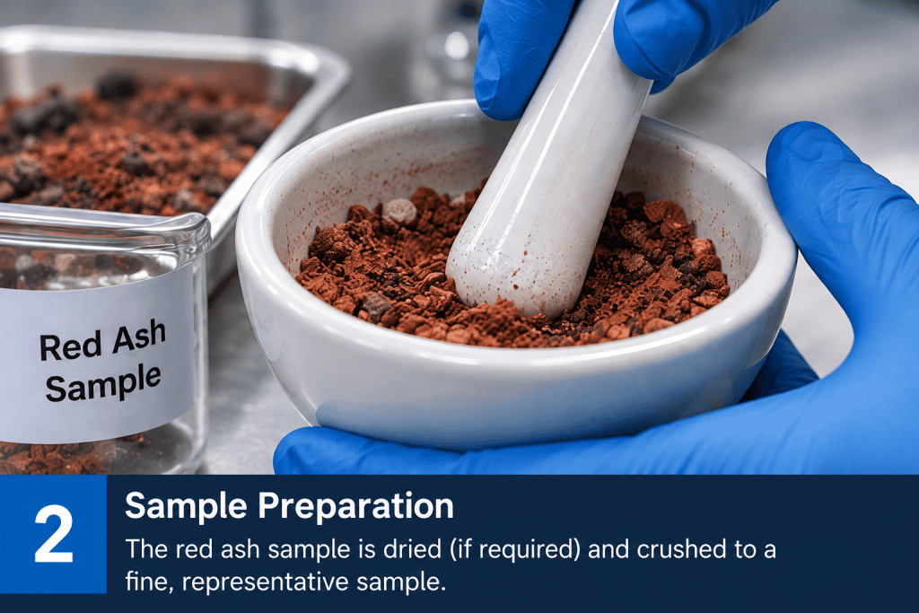Sample Preparation in Staffordshire. The red ash sample is dried (if required) and crushed to a fine, representative sample.