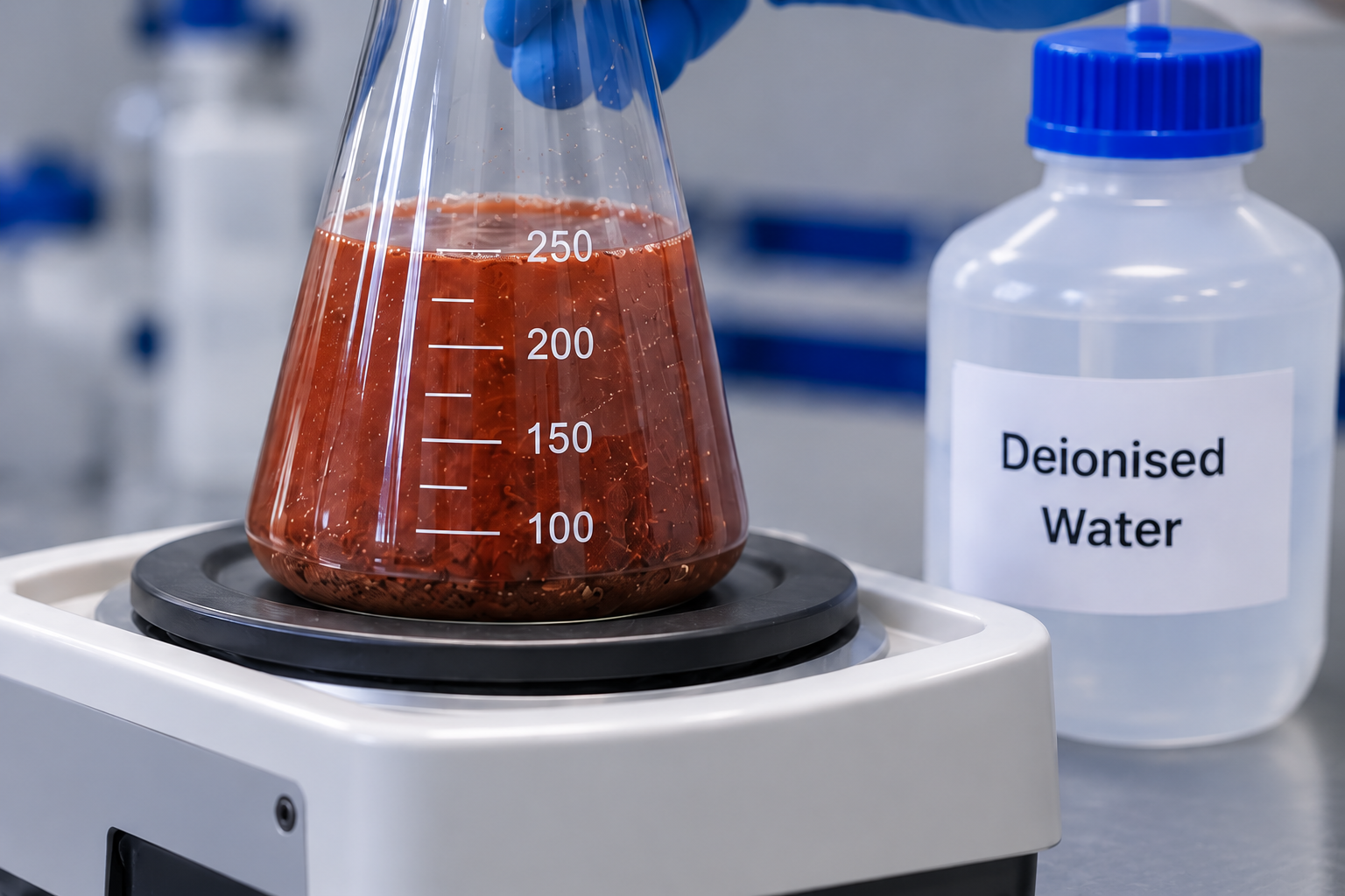 Flask containing a red ash mixture on a laboratory stirring plate beside deionised water for Castle Property Services in Stoke on Trent